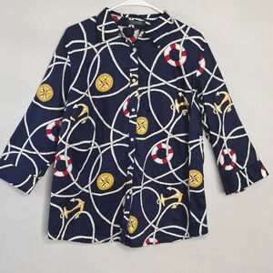 Lauren Ralph Lauren Nautical Rope Anchor Rope Compass‎ Print Button Down Top 1X